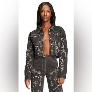I.AM.GIA Lunar Cropped Black Denim Rose Print Jacket Women’s Size Small